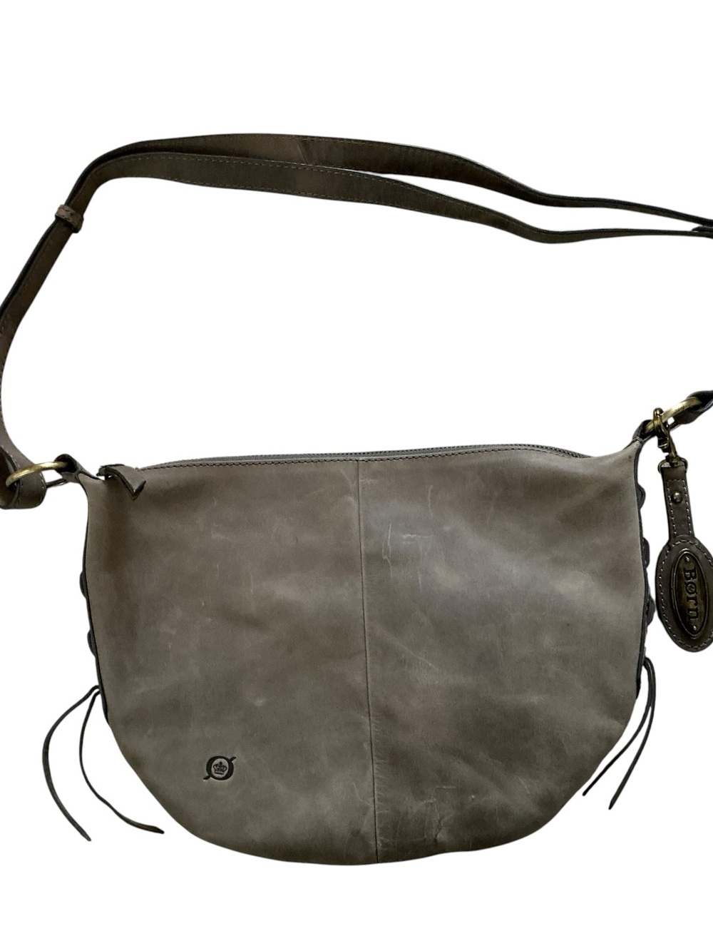 Born grey genuine leather boho crossbody bag with tassels handtag